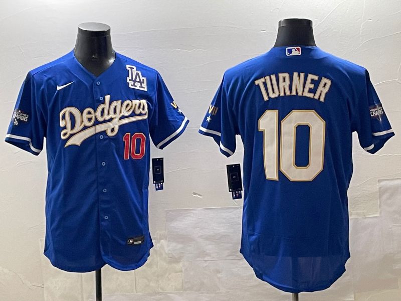 Men Los Angeles Dodgers #10 Turner Blue Gold Elite 2025 Nike MLB Jersey style 8